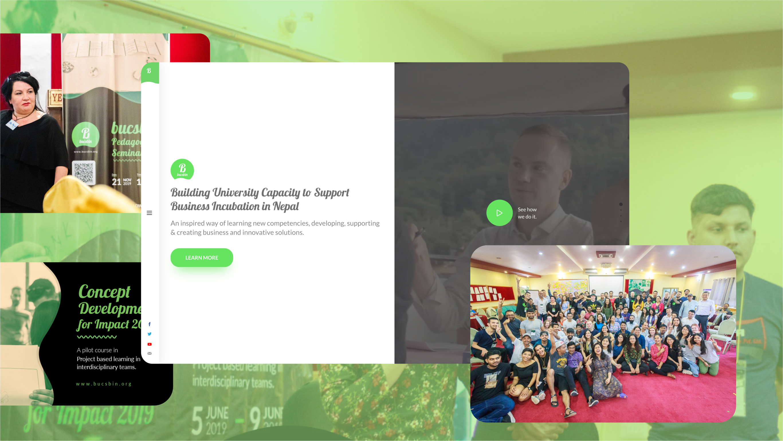 An image showing homapge and pictures from Bucsbin various events