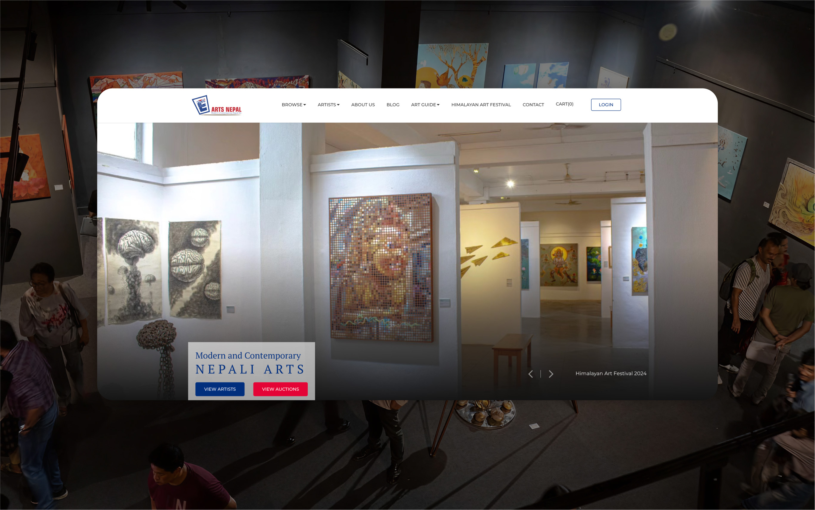 Image showing screenshot of E-Arts Nepal website homepage and a picture of an exhibition conducted by E-Arts Nepal in the background